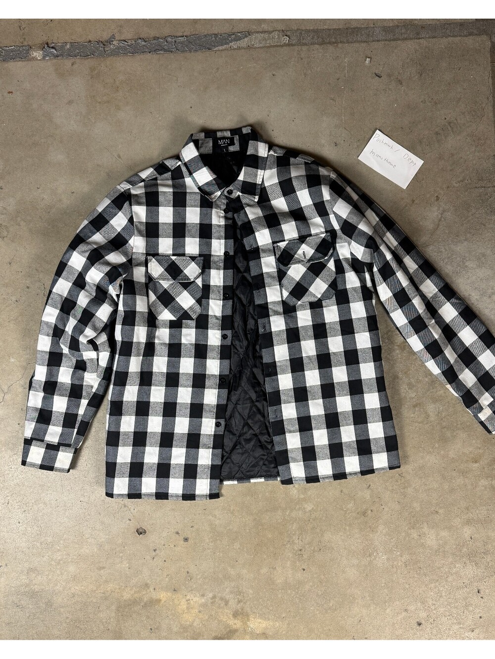 MAN Black White Buffalo Plaid Quilted Flannel Shirt Jacket Shacket Size L